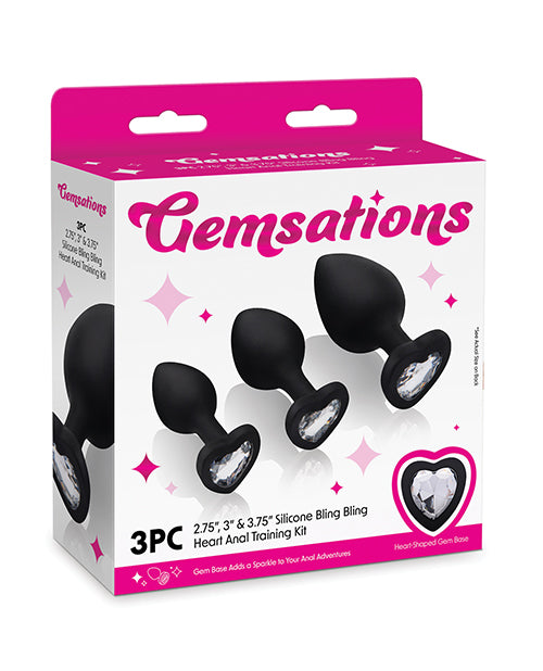 Gemsations 3 pc 2.75" & 3.15" & 3.7"Silicone Bling Bling Heart Butt Plug Training Set - Black