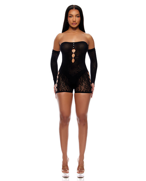 Cross Your Mind Romper Bodystocking w/Rhinestone Details & Gloves 2 pc Set - Black O/S