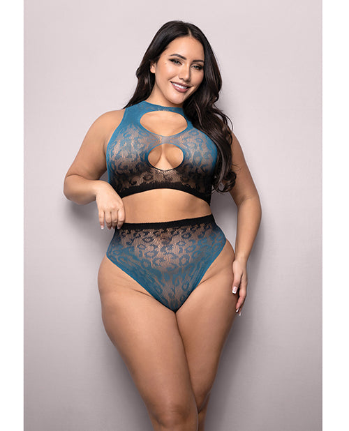 Vixen Deep Dive Ombre Leopard Knit Keyhole Top w/Panty 2 pc Set - Black/Blue QN