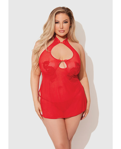 Dragon Mesh & Applique Chemise w/G-String 2 pc Set - Red 1X/2X