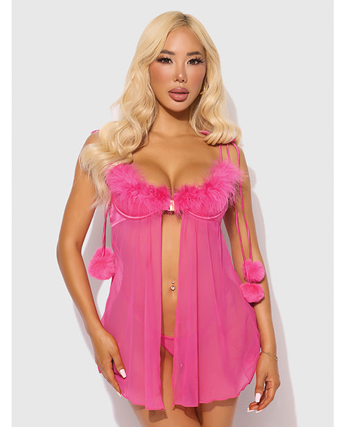 Marilyn Marabou & Mesh Babydoll & G-String Set - Pink LG