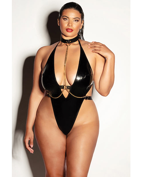 FETISH Submissive V-Plunge Vinyl Teddy w/Removable Chain Harness & Hand Cuff