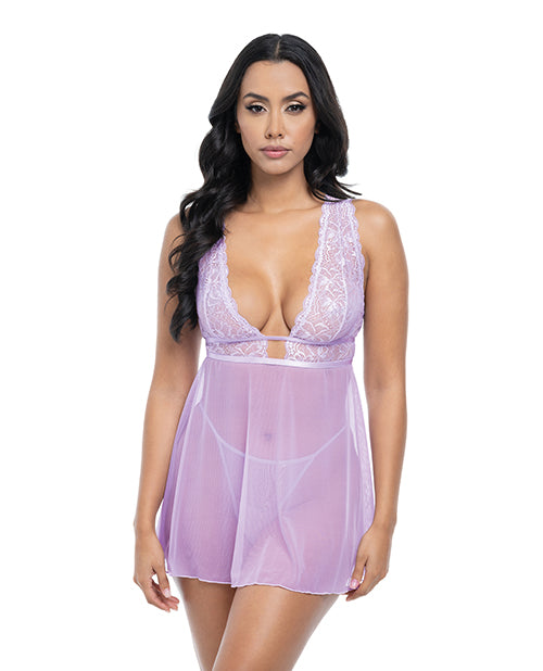 Stassi Lace & Mesh Babydoll w/G-String 2 pc Set - Lavender S/M