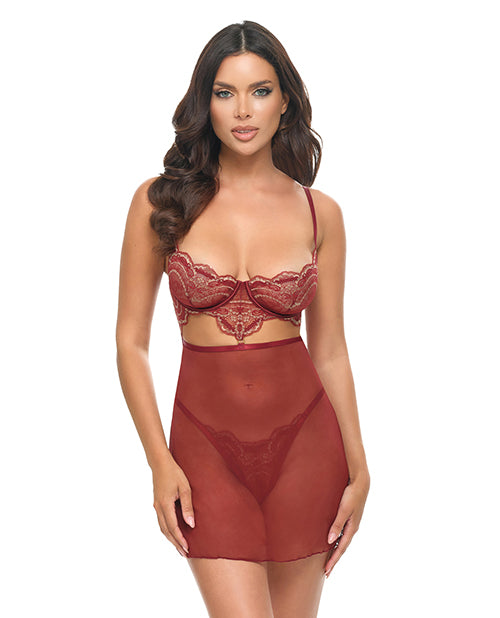 Arielle Unlined Underwire Lace Babydoll w/G-String - Burgundy L/XL