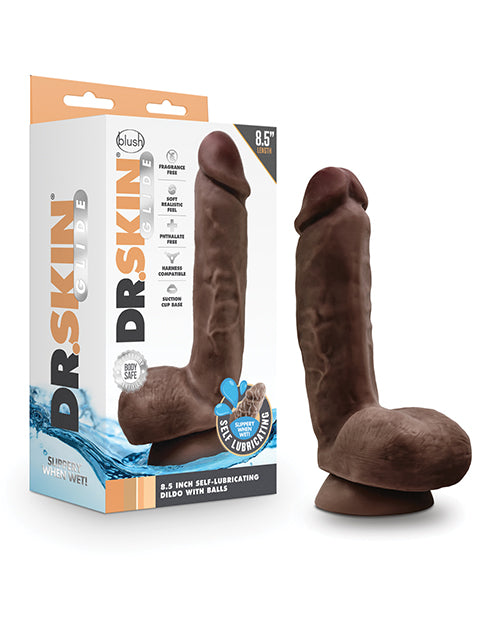 Blush Dr. Skin Glide 8.5&quot; Self Lubricating Dildo w/Balls - Chocolate