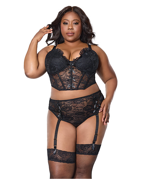 Lace Bustier w/Padded Cups &amp; Gartered Thong Panty 2 pc Set - Black 1X/2X