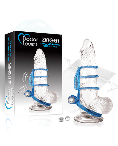 Doctor Love&apos;s Zinger Dual Vibrating Cock Cage - Blue