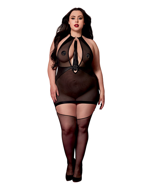 Red Diamond Stretch Mesh and Faux Leather Gartered Chemise w/Removable Flogger