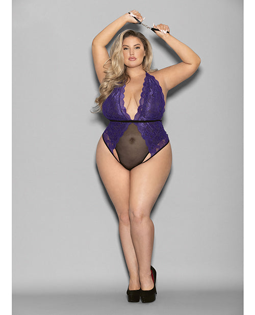Euphoria Halter Lace & Mesh Teddy W/Wrist Restraints Purple/Black