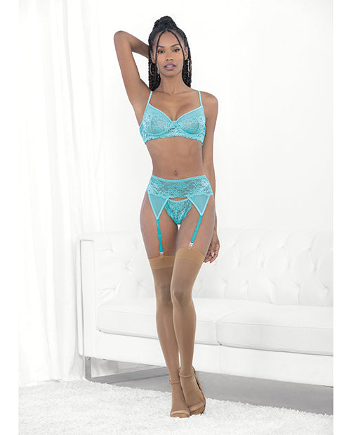 Lace &amp; Mesh Underwire Bra, Garterbelt &amp; G-String Malibu Blue XL