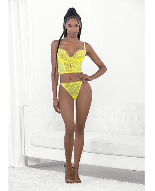 Neon Lace Corset Top w/Ring Accent &amp; Panty Neon Lime LG
