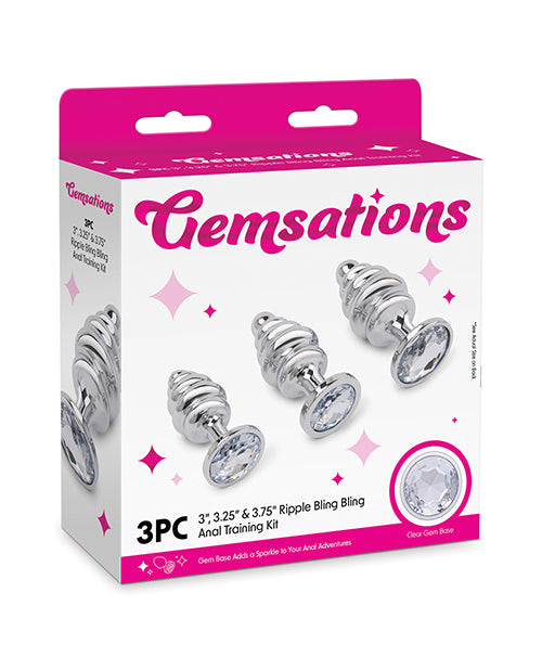 Gemsations Gemsations 3 pc 2.95" & 3.25" & 3.7" Ripple Bling Bling Metal Butt Plug Training Set