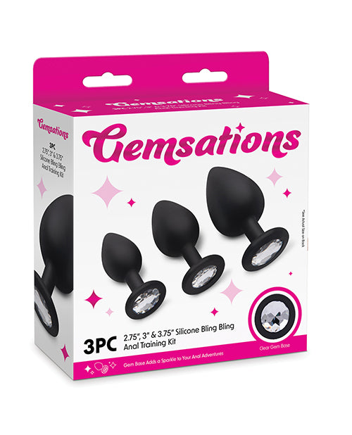 Gemsations 3 pc 2.75" & 3.15" Specialty & Interactive Vibrators > Sex Machines 3.7" Silicone Bling Bling Butt Plug Training Set - Black