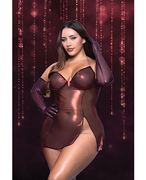 Hollywood Scarlet Shimmer Dress w/Lace Up Back & Gloves - Red 1X/2X