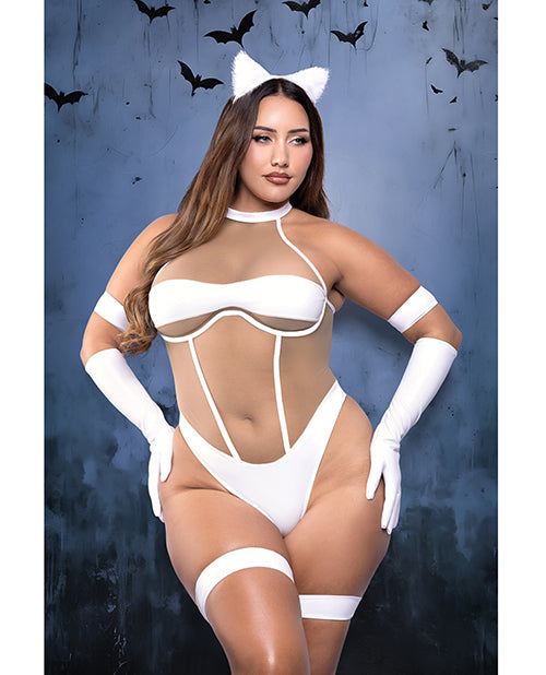 Midnight Purr Sheer Nude Mesh Teddy w/Glove, Armbands, Garters, & Cat Ears - White 3X/4X