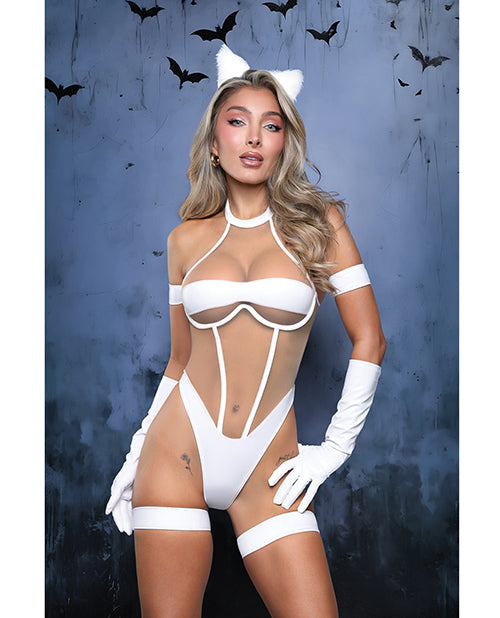 Midnight Purr Sheer Nude Mesh Teddy w/Glove, Armbands, Garters, & Cat Ears - White M/L