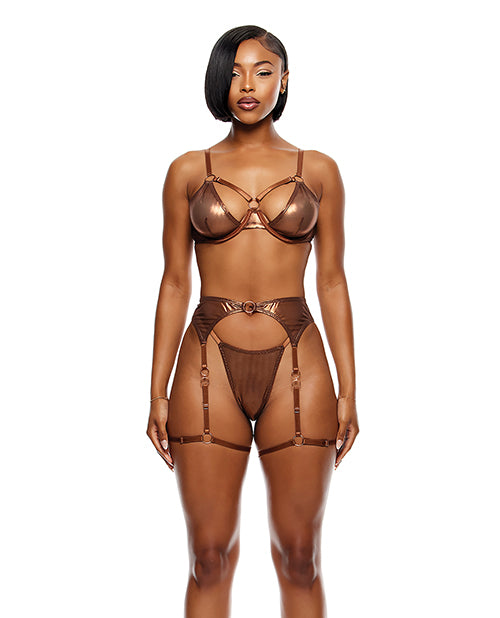 Forplay Liquid Metal Metallic Mesh Underwire Bra w/Garter Belt & G-String 3 pc Set