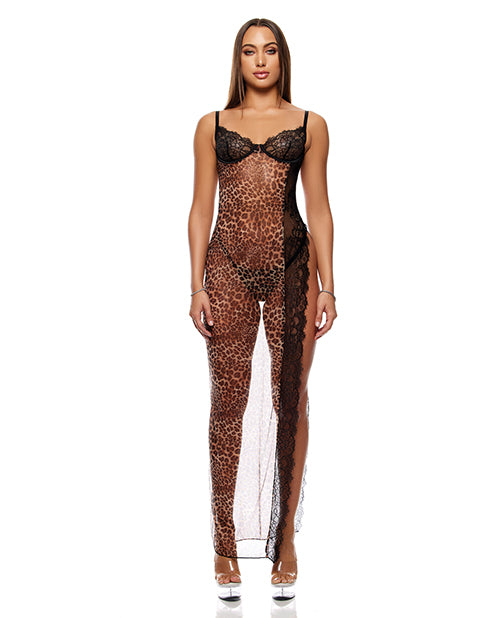 Animal Instincts Sheer Mesh and Lace Gown w/Thong 2 pc Set - Animal LG