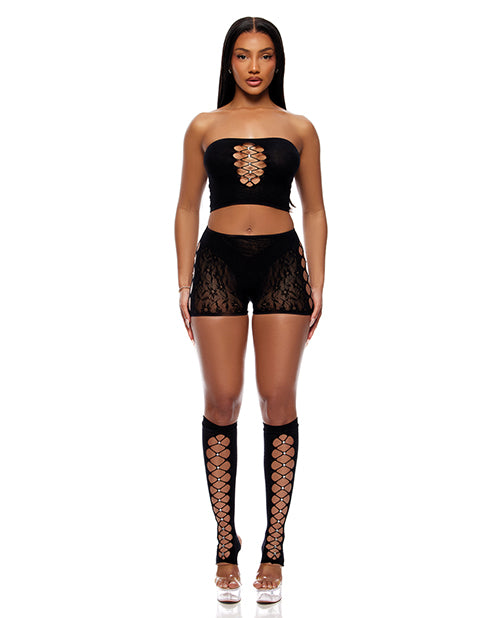 Cross Your Mind Tube Top w/Boy Short &amp; Open Toe Socks Bodystocking - Black QN