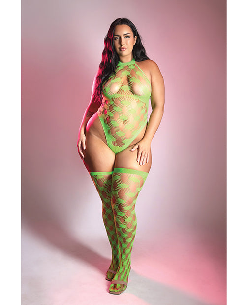 Adrenaline Halter Teddy & Stockings in Geometric Rhinestone Diamond Fishnet - Neon Green QN