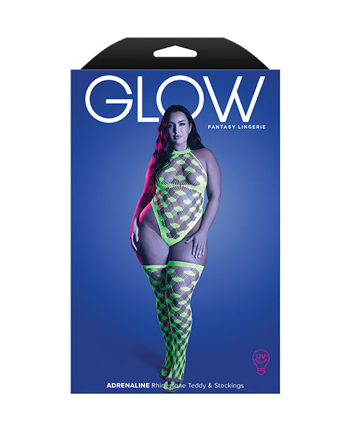 Adrenaline Halter Teddy & Stockings in Geometric Rhinestone Diamond Fishnet - Neon Green QN