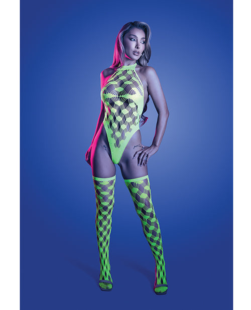 Adrenaline Halter Teddy & Stockings in Geometric Rhinestone Diamond Fishnet - Neon Green QN