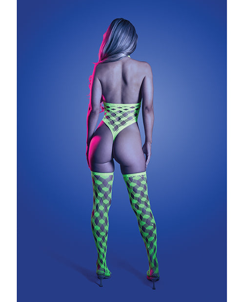 Adrenaline Halter Teddy & Stockings in Geometric Rhinestone Diamond Fishnet - Neon Green QN