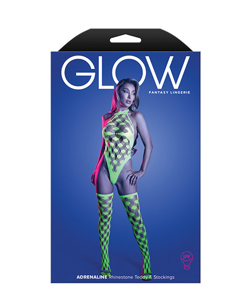Adrenaline Halter Teddy & Stockings in Geometric Rhinestone Diamond Fishnet - Neon Green QN