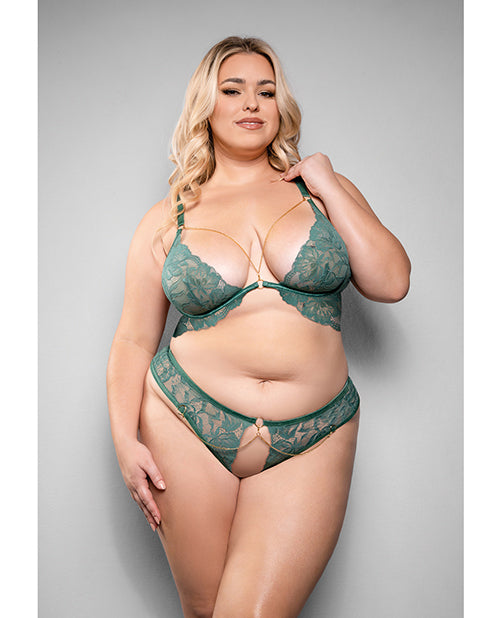 Temptress Aerin Lace Bra w/Removable Chain &amp; Panty 2 pc Set - Green 1X/2X