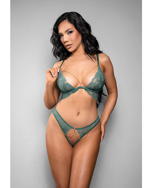 Temptress Aerin Lace Bra w/Removable Chain &amp; Panty 2 pc Set - Green S/M