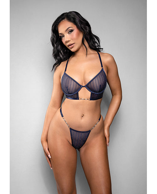 Temptress Celeste Sheer Striped Rhinestone Mesh Bra w/G-String 2 pc Set - Navy S/M