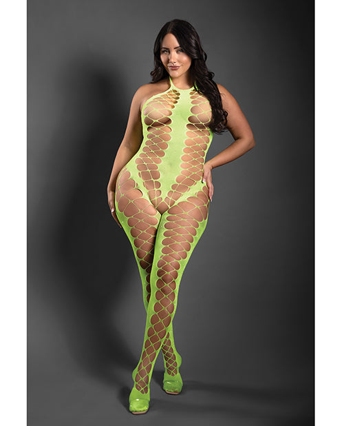 Sheer Unstoppable Crotchless Rhinestone Halter Bodystocking - Neon Green QN