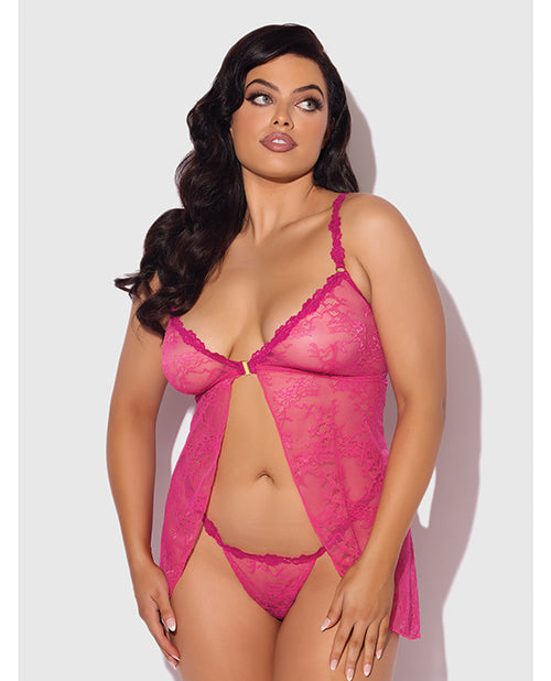 Yvone Lace Babydoll w/Front Closure & G-String 2 pc Set - Pink 3X/4X