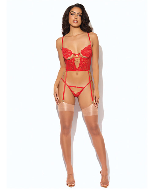Cecily Lace & Mesh Bustier w/Thong & Garter Straps - Red MD