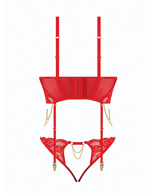 Cecily Lace & Mesh Bustier w/Thong & Garter Straps - Red MD