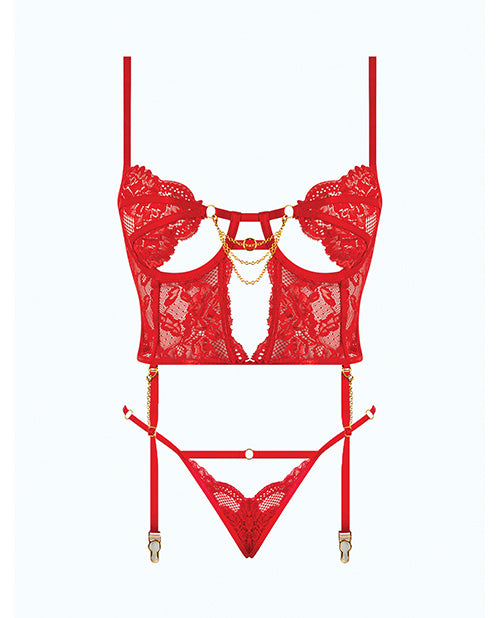 Cecily Lace & Mesh Bustier w/Thong & Garter Straps - Red MD
