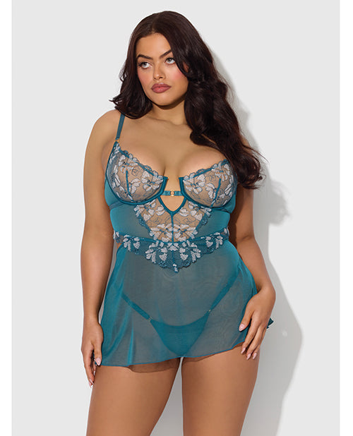 Nova Lace & Mesh Babydoll w/G-String 2 pc Set - Jade Blue 1X/2X