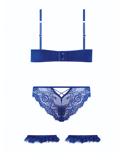 Madeline Lace & Mesh Bra, Garters, & Panty - Cobalt Blue MD