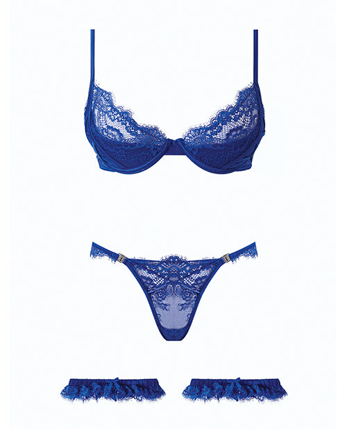 Madeline Lace & Mesh Bra, Garters, & Panty - Cobalt Blue SM
