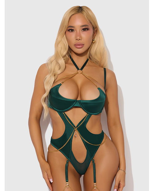 Evangeline Satin & Chain Halter Teddy - Green 3X/4X