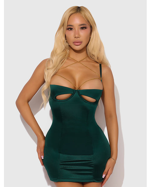 Evangeline Satin & Chain Open Cup & Back Chemise & G-String Set - Green SM