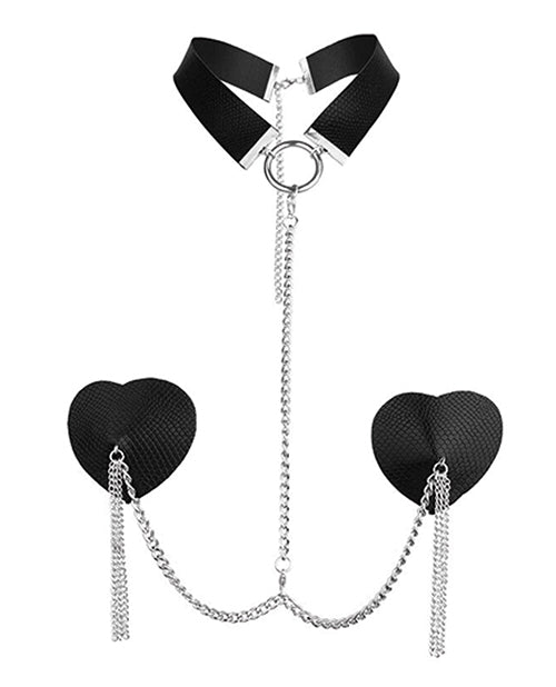 Nipplicious Dominatrix Leather Collar &amp; Pasties w/Chain - Black
