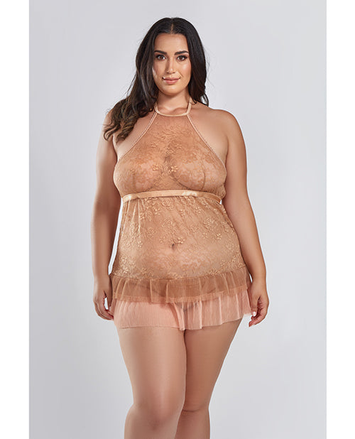 Amber Halter Lace Babydoll w/Tiered Pleated Mesh Skirt Hem & G-String