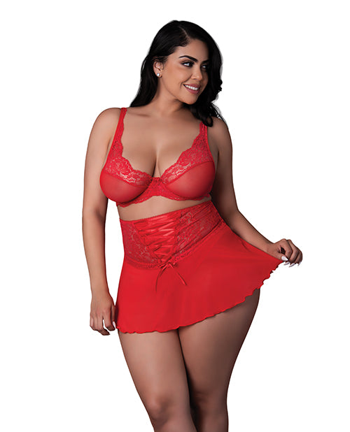 Sugar High Bralette w/Cincher Skirt &amp; Thong 3 pc Set - Red QN