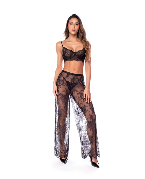Underwire Lace Bra, Lace Wide Leg Pants, & Thong 3 pc Set - Black SM