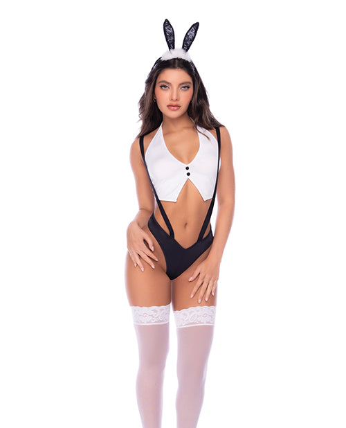 Sexy Bunny 3 pc Set w/Halter Top, Suspender Panty, & Bunny Ear Headband - Black/White S/M