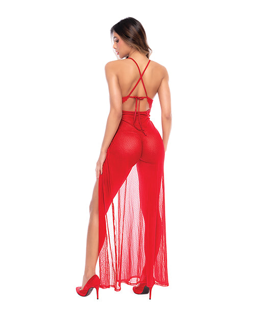 Dotted Lace & Mesh Maxi Dress w/High Side Slit & Thong - Red S/M