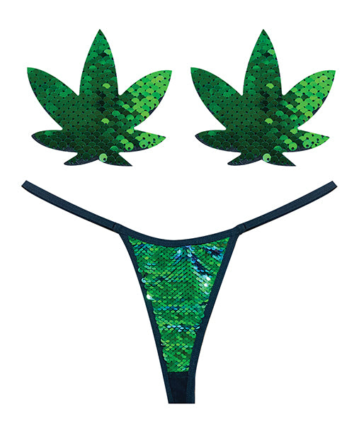 Neva Nude Naughty Knix Weed Leaf Sequin G-String &amp; Pasties - Green O/S