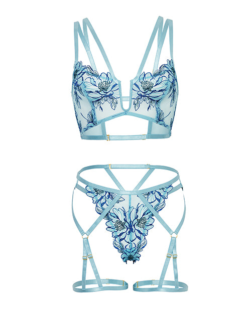 Emilia Floral Embroidered 2 pc Set w/Strapping Details & Attached Double Garter - Blue SM