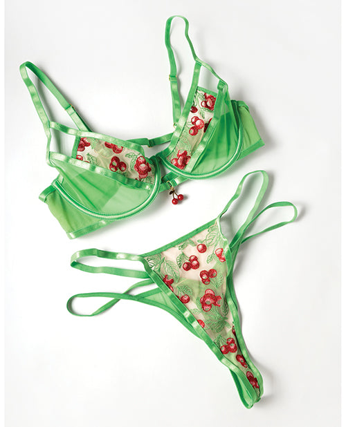 Cheri Underwire Embroidered 2 pc Set w/Cherry Charm Details - Neon Green SM